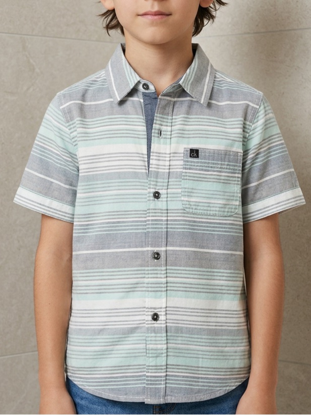 Calvin Klein Boys Striped Short Sleeve Button-Down Shirt – Size 5